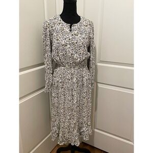 M&S Collection Floral Midi Dress Women's Size 12 Ivory Long Sleeve Button Neck